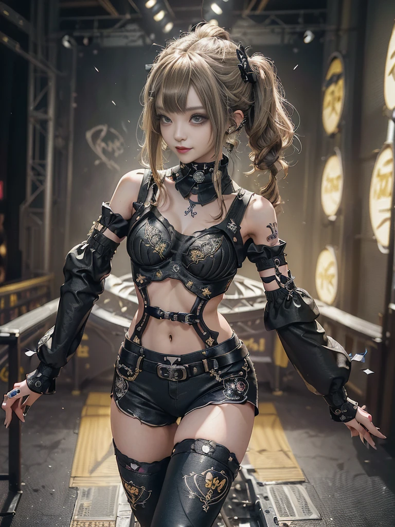 (Full Body View:1.4)、(Side view:1.1)、(Smiling with teeth showing:1.3),(Shibuya Gal:1.5)、(Gothic Lolita style fashion:1.5)、(Punk RockVisual Kei:1.5)、(Wearing a rhythmic gymnastics bodysuit with intricate details:1.4)、(Racing suit and pants with intricate white, yellow and charcoal decorations:1.5)、(Denim and yellow and black boots:1.3)、((belt))、(Numerous delicate logo marks all over the costume:1.4)、(collar:1.3)、(Striped underwear:1.5)、20-year-old、NSFW、((Highest quality、In 8K、masterpiece:1.3))、Sharp focus:1.2、(Layered Cut、Huge boobs:1.1),Beautiful woman with perfect figure:1.4、(Dancing vigorously:1.3)、Slender Abs:1.2、Highly detailed face and skin texture、Detailed eyes、double eyelid,(Twin tails:1.3)、(Brown-golden hair:1.3)、Gravure idol、(The background is the stage of the fashion show:1.3)、(Slim body:1.3),(Make your legs thinner:1.4),(clavicle:1.1)、(Thin and slim thighs:1.3)