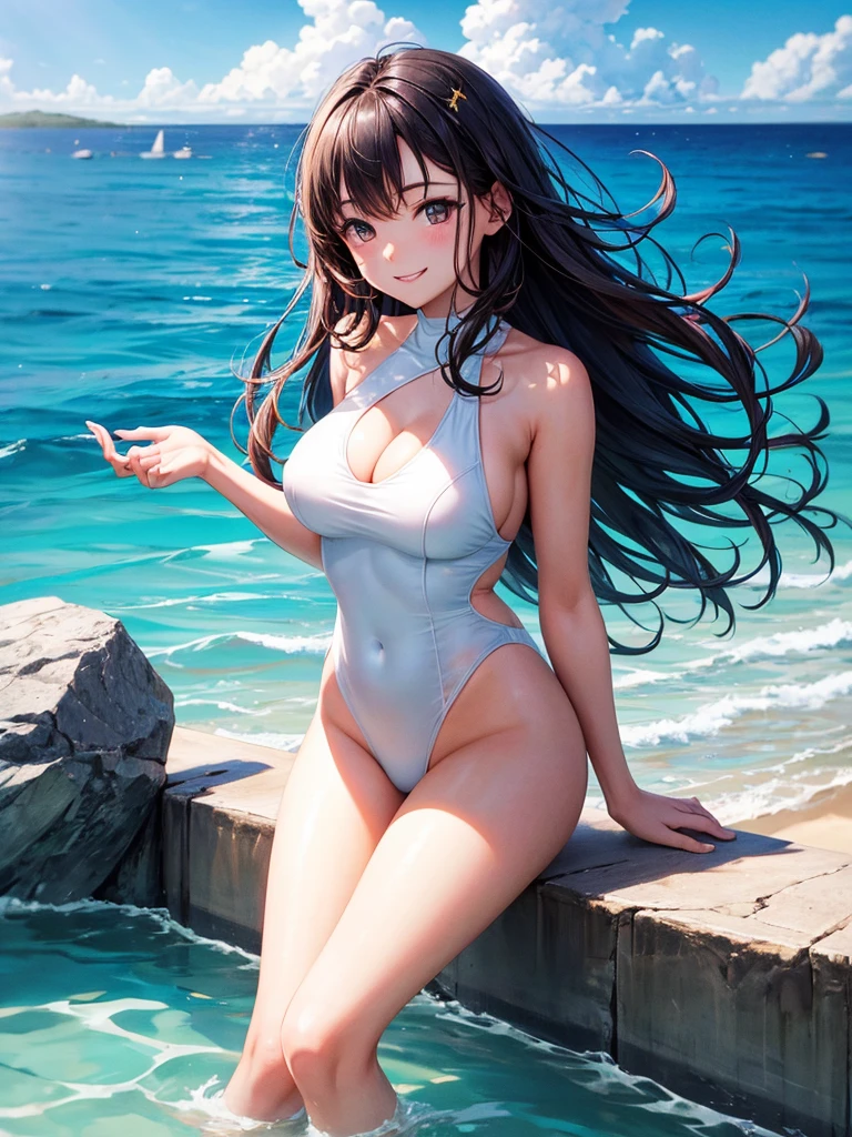 Highest quality,Highest Resolution,Smiling beauty in super high leg swimsuit,Swimming in the sea,Seaside,beach,sunny,