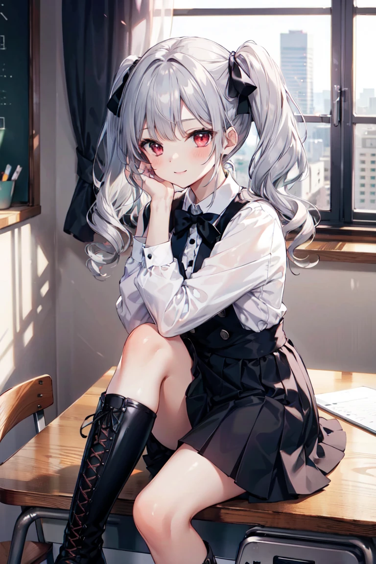 (masterpiece), (Highest quality), (figure), (Beautiful details), (High resolution), One girl, alone, View your viewers,
Sitting, Sitting on desk, From the side, put your hand on your face, 
Day没, Day, School,
(Tuxedo), Long Hair, Red eyes, (Gray Hair), Low twin tails,
Frills, ribbon, Lace-up boots, black hair ribbon, White shirt,
smile, blush,
indoor, window, [building]