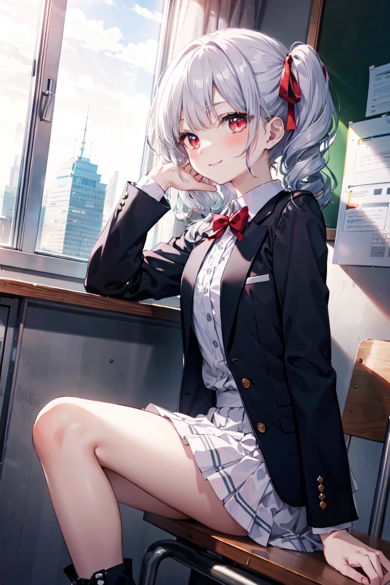 (masterpiece), (Highest quality), (figure), (Beautiful details), (High resolution), One girl, alone, View your viewers,
Sitting, Sitting on desk, From the side, put your hand on your face, 
Day没, Day, School,
(Tuxedo), Long Hair, Red eyes, (Gray Hair), Low twin tails,
Frills, ribbon, Lace-up boots, black hair ribbon, White shirt,
smile, blush,
indoor, window, [building]