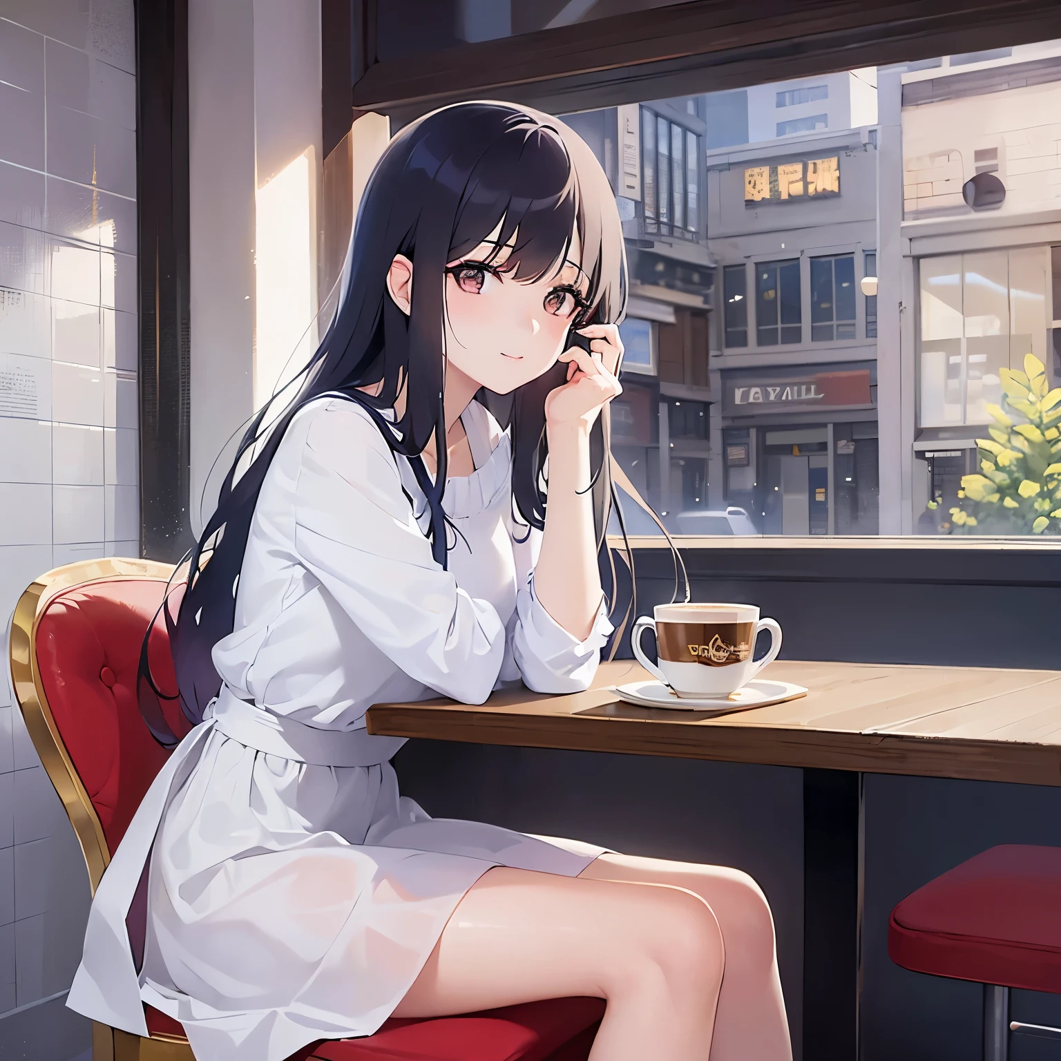 (looking away:1.5),Side shot、
Realistic, real person, (pale skin: 1.2), RAW photo, photorealistic, shiny skin, shiny hair、
(A 25-year-old woman with medium-length hair and bangs) and (wavy hair) and (brown hair) and (Orange Eyes)
, smile, ( Wearing a white dress:1.5),The background is the interior of a cafe、Alone、holding a coffee cup、Sitting