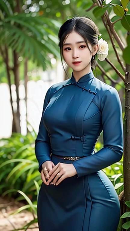 a beautiful girl in vintage colors aodai , masterpiece, best quality, realistic:1.3, street, holding bundle of flowers, blue+black dress, sunlight, backlighting, artstation, intricate details, vignettThe owner of an attractive body outline and high hips3d 4k