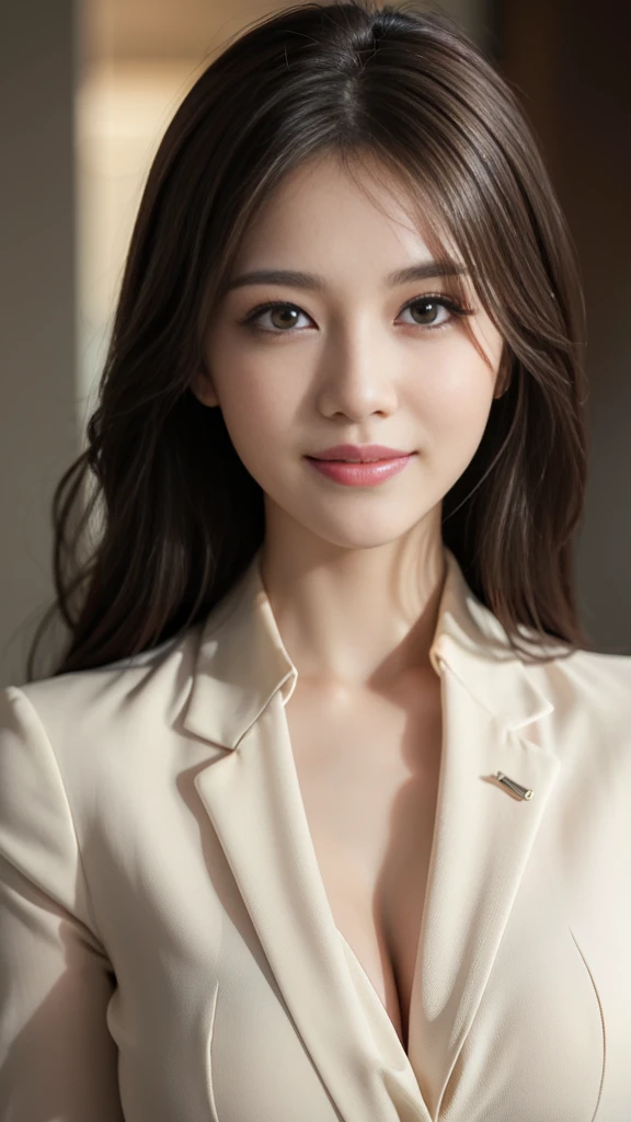 table top, highest quality, realistic, super detailed, finely, High resolution, 8k wallpaper, 1 beautiful woman,, light brown messy hair, wearing a business suit, sharp focus, perfect dynamic composition, beautiful and fine eyes, fine hair, Detailed realistic skin texture, smile, close-up portrait, model body shape