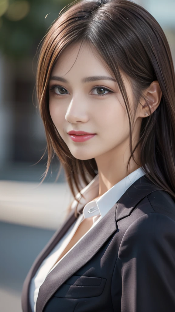 table top, highest quality, realistic, super detailed, finely, High resolution, 8k wallpaper, 1 beautiful woman,, light brown messy hair, wearing a business suit, sharp focus, perfect dynamic composition, beautiful and fine eyes, fine hair, Detailed realistic skin texture, smile, close-up portrait, model body shape