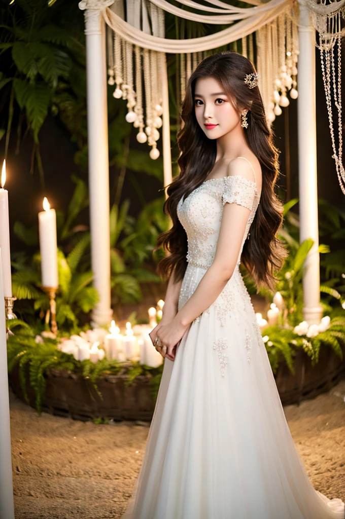 Generate an image of an extraordinarily beautiful 20-year-old Asian woman standing alone, whose beauty rivals that of a goddess of the fire element. She has large brown eyes, dark brown hair, glowing skin, and a captivating appearance. She is wearing a stunning white wedding dress that accentuates her elegance. The woman stands charmingly alone, her beauty appearing as if blessed by nature, in a very romantic and lovely aisle adorned with flowers and soft lighting, exuding a magical and serene atmosphere.