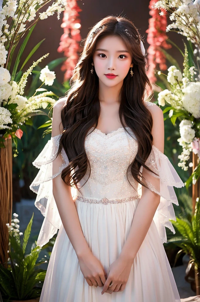 Generate an image of an extraordinarily beautiful 20-year-old Asian woman standing alone, whose beauty rivals that of a goddess of the fire element. She has large brown eyes, dark brown hair, glowing skin, and a captivating appearance. She is wearing a stunning white wedding dress that accentuates her elegance. The woman stands charmingly alone, her beauty appearing as if blessed by nature, in a very romantic and lovely aisle adorned with flowers and soft lighting, exuding a magical and serene atmosphere.