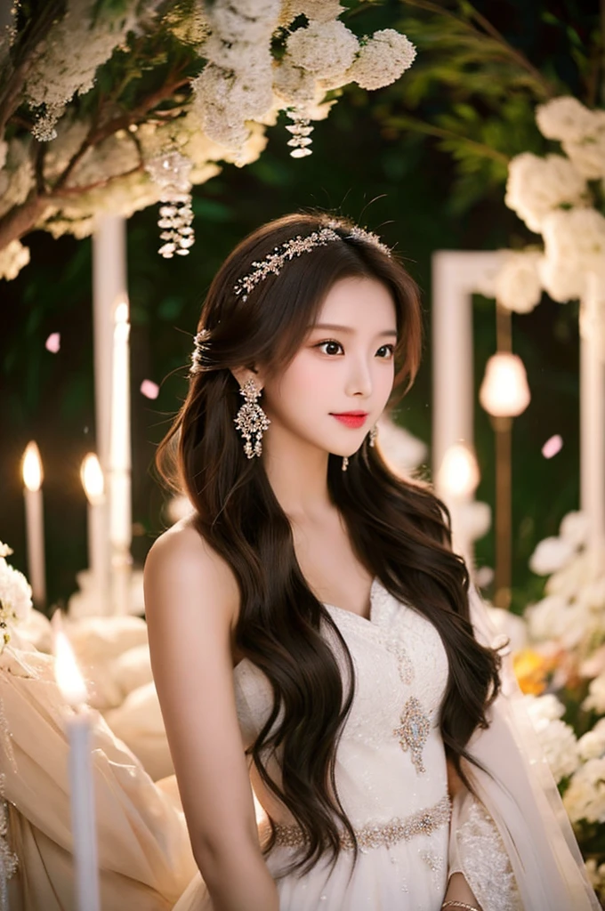 Generate an image of an extraordinarily beautiful 20-year-old Asian woman standing alone, whose beauty rivals that of a goddess of the fire element. She has large brown eyes, dark brown hair, glowing skin, and a captivating appearance. She is wearing a stunning white wedding dress that accentuates her elegance. The woman stands charmingly alone, her beauty appearing as if blessed by nature, in a very romantic and lovely aisle adorned with flowers and soft lighting, exuding a magical and serene atmosphere.