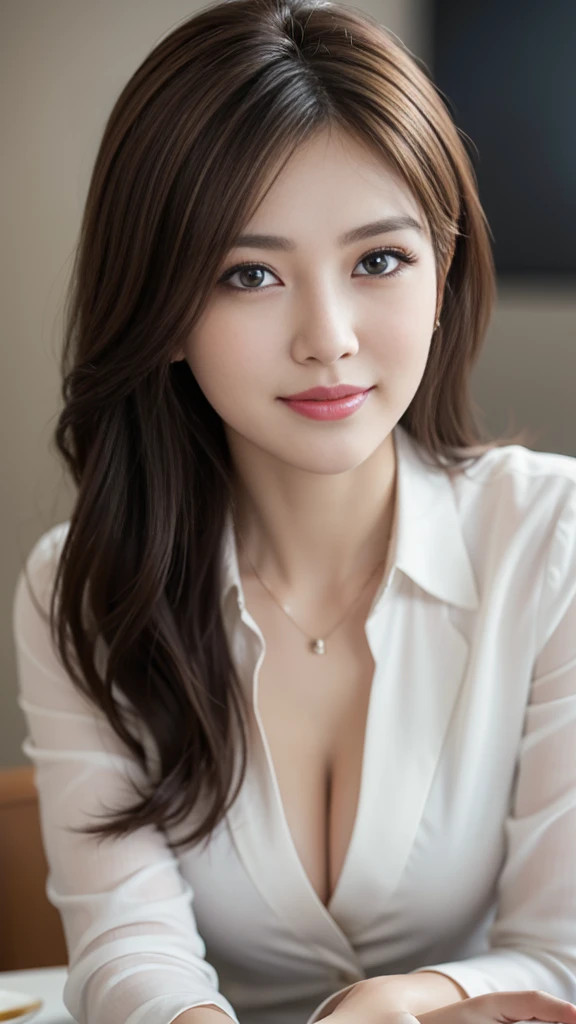 table top, highest quality, realistic, super detailed, finely, High resolution, 8k wallpaper, 1 beautiful woman,, light brown messy hair, wearing a business suit, sharp focus, perfect dynamic composition, beautiful and fine eyes, fine hair, Detailed realistic skin texture, smile, close-up portrait, model body shape