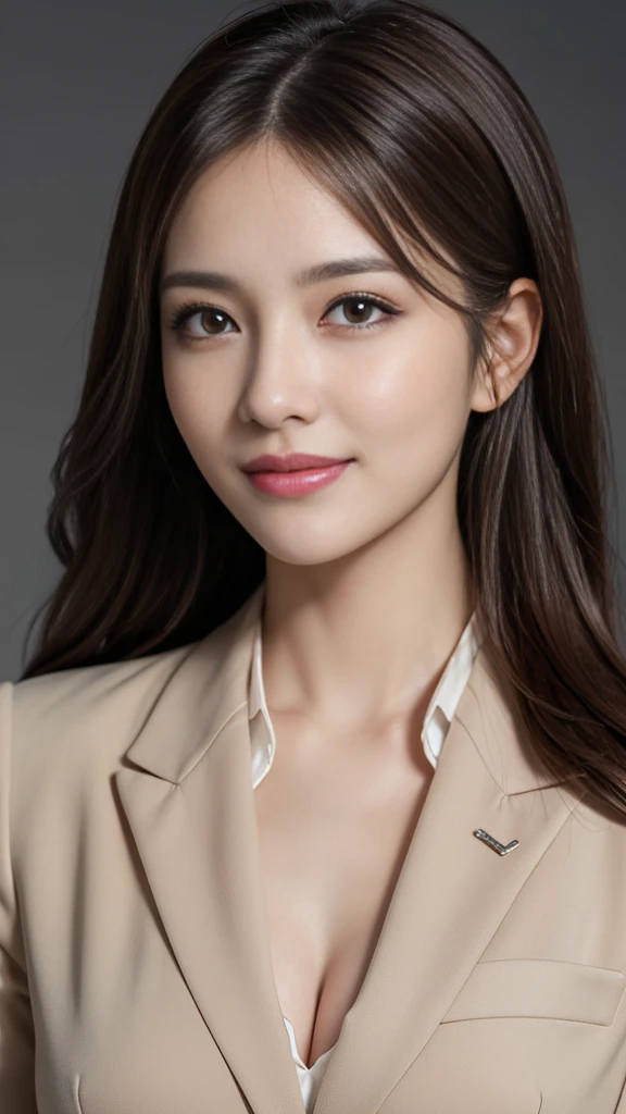 table top, highest quality, realistic, super detailed, finely, High resolution, 8k wallpaper, 1 beautiful woman,, light brown messy hair, wearing a business suit, sharp focus, perfect dynamic composition, beautiful and fine eyes, fine hair, Detailed realistic skin texture, smile, close-up portrait, model body shape