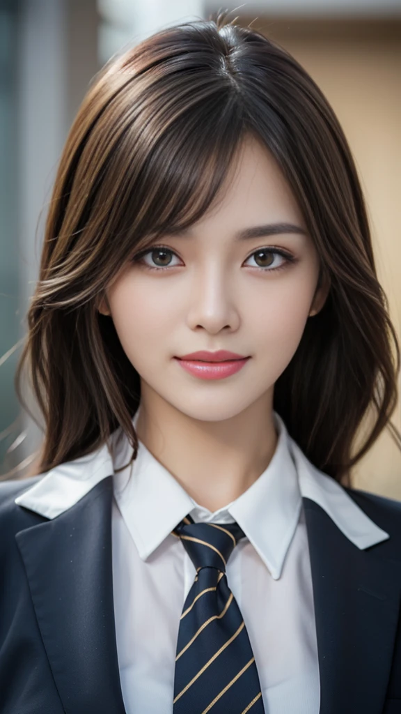 table top, highest quality, realistic, super detailed, finely, High resolution, 8k wallpaper, 1 beautiful woman,, light brown messy hair, wearing a business suit, sharp focus, perfect dynamic composition, beautiful and fine eyes, fine hair, Detailed realistic skin texture, smile, close-up portrait, model body shape
