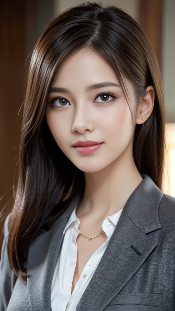 table top, highest quality, realistic, super detailed, finely, High resolution, 8k wallpaper, 1 beautiful woman,, light brown messy hair, wearing a business suit, sharp focus, perfect dynamic composition, beautiful and fine eyes, fine hair, Detailed realistic skin texture, smile, close-up portrait, model body shape