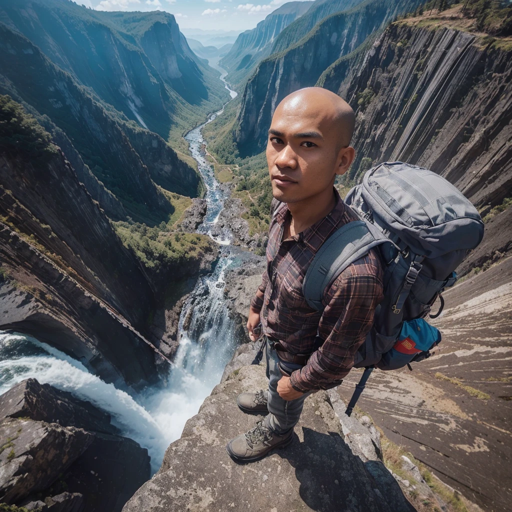 very clear and very detailed, long high distance view scene, high angle shots and fisheye efect. an indonesian young man, thin, bald headed, wear plaid shirt, gray tactical pants, montaint shoes, a backpack for climber, standing proudly at the highest peak. waterfall and the rock cliffs are high steep and seem very extreem,  blue sky as background.