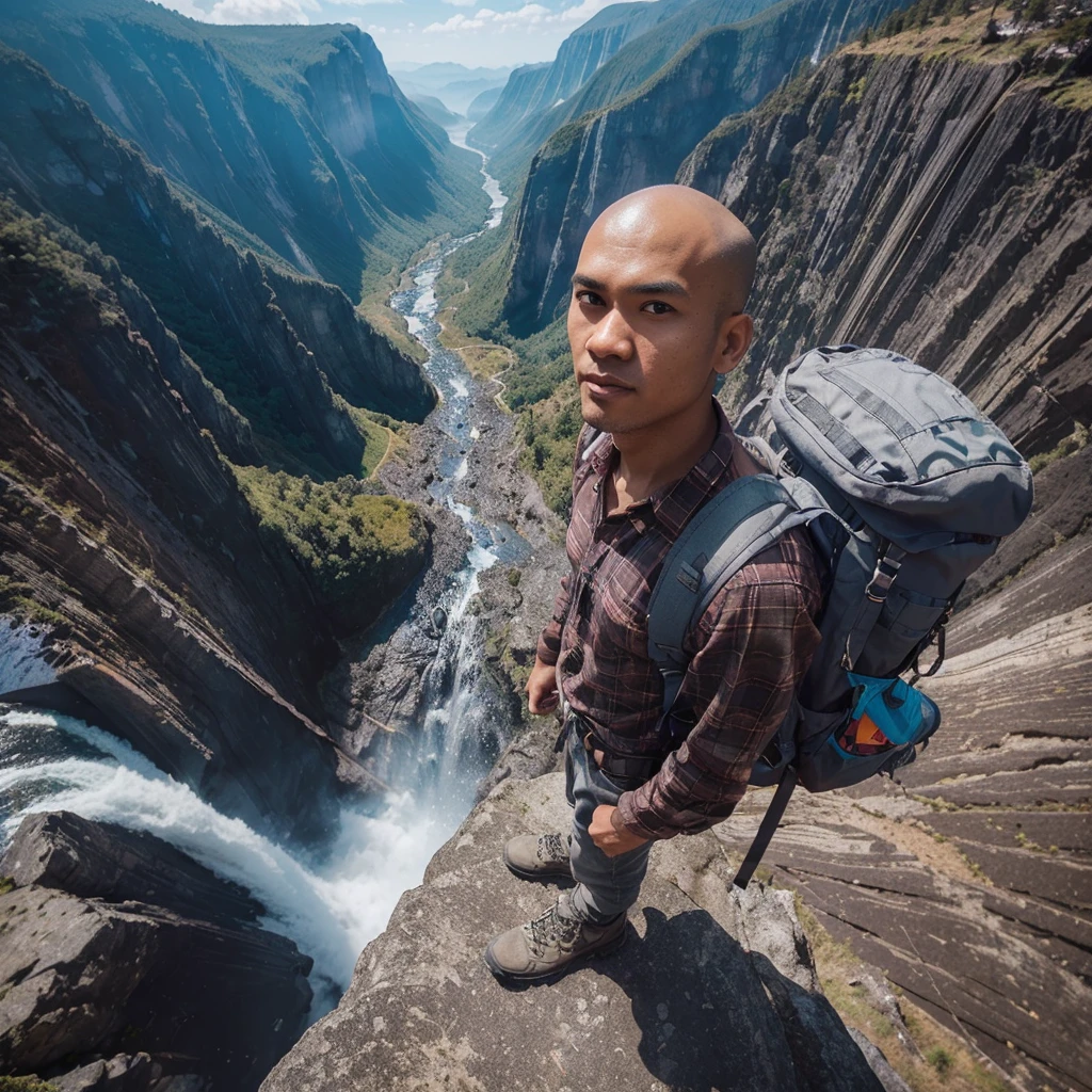 very clear and very detailed, long high distance view scene, high angle shots and fisheye efect. an indonesian young man, thin, bald headed, wear plaid shirt, gray tactical pants, montaint shoes, a backpack for climber, standing proudly at the highest peak. waterfall and the rock cliffs are high steep and seem very extreem, blue sky as background.