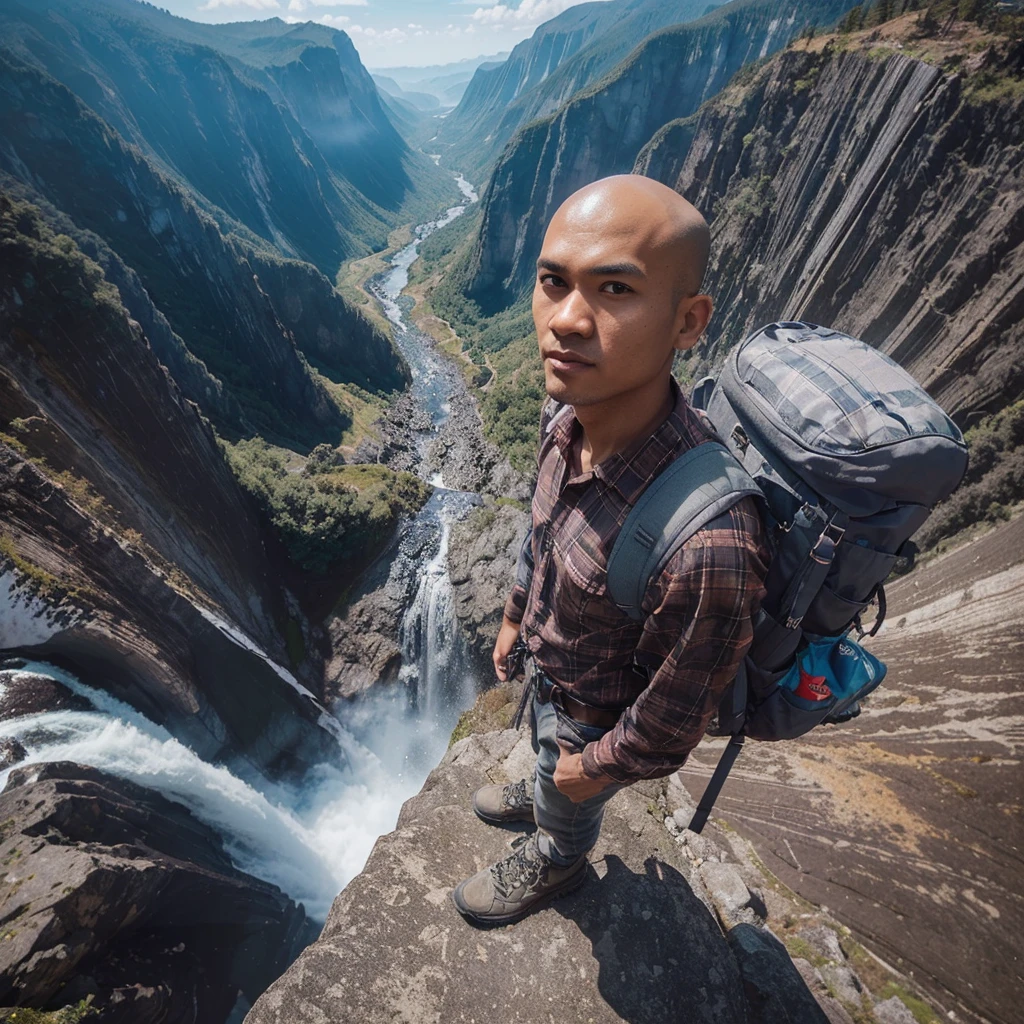 very clear and very detailed, long high distance view scene, high angle shots and fisheye efect. an indonesian young man, thin, bald headed, wear plaid shirt, gray tactical pants, montaint shoes, a backpack for climber, standing proudly at the highest peak. waterfall and the rock cliffs are high steep and seem very extreem,  blue sky as background.