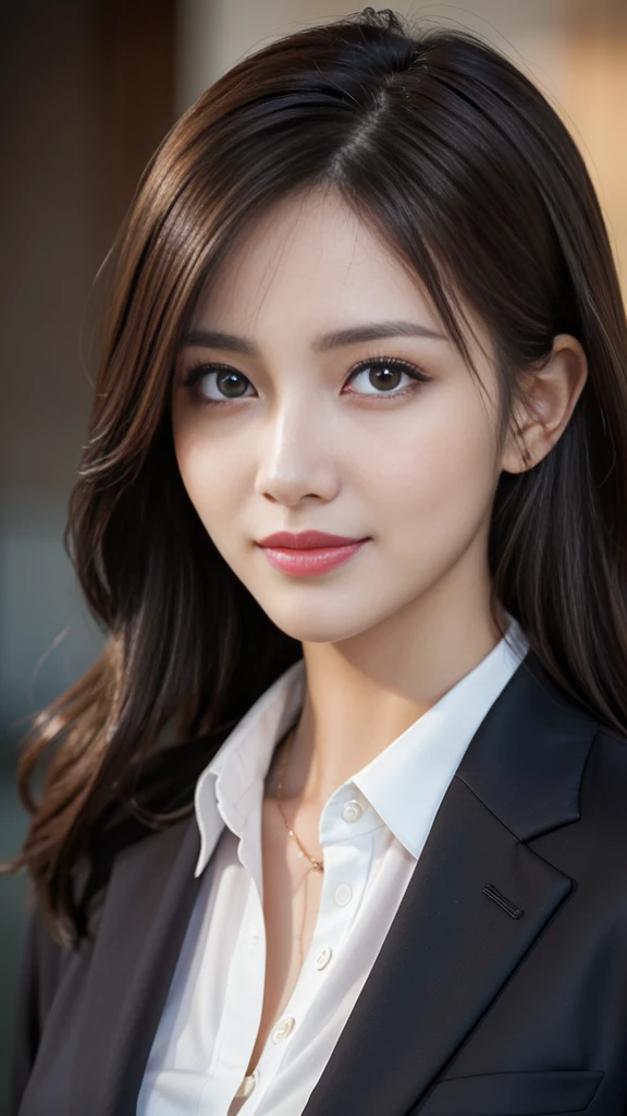 table top, highest quality, realistic, super detailed, finely, High resolution, 8k wallpaper, 1 beautiful woman,, light brown messy hair, wearing a business suit, sharp focus, perfect dynamic composition, beautiful and fine eyes, fine hair, Detailed realistic skin texture, smile, close-up portrait, model body shape
