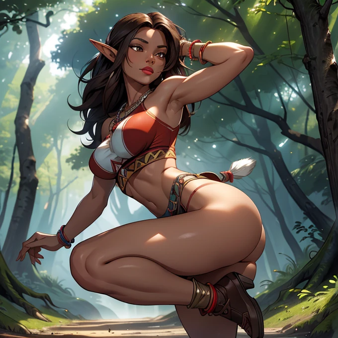 A masterpiece of a photorealistic portrait ((seductive Native American elf)). She wears a tight short dress made of brown animal skins, fur shoes, and a blue beaded necklace and bracelets. (((native American))), 1 woman, curves, thin waist. Her hair is long cascading black, dark skin, well detailed brown eyes. She has a beautiful feminine face, well-defined smile, full red lips. high cheekbones, feminine jaw. running through a forest, jumping fallen trees. Point of view from one side. Smooth, shiny skin, bouncing breasts. good hands, detailed hands, adequate number of fingers. This image evokes the freedom and strength of the Indian, Native American tribes, leaving the viewer immersed in the image. A professional photographic work with wide angle, real and detailed lights and shadows. great detail of textures in all the details clear image