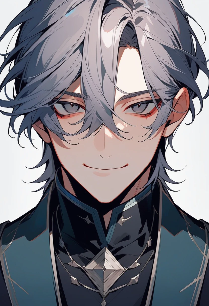 [1 man,half body,look at the viewer,smile,Shrink your eyes.,Make a sad face,Emotionless,Gray hair,dark eyes,