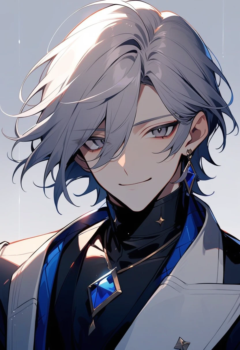 [1 man,half body,look at the viewer,smile,Shrink your eyes.,Make a sad face,Emotionless,Gray hair,dark eyes,