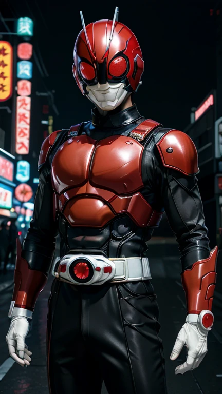 (8k),(masterpiece),(Japanese),(8-year-old boy),((innocent look)),((Childish)),From the front,smile,cute,Innocent,Kind eyes,Flat chest, red helmet, black domino mask, white Daredevil,Bald,No Hair, Henshin Pose,night,dark, Neon light cyberpunk city,Kamen rider,camisa