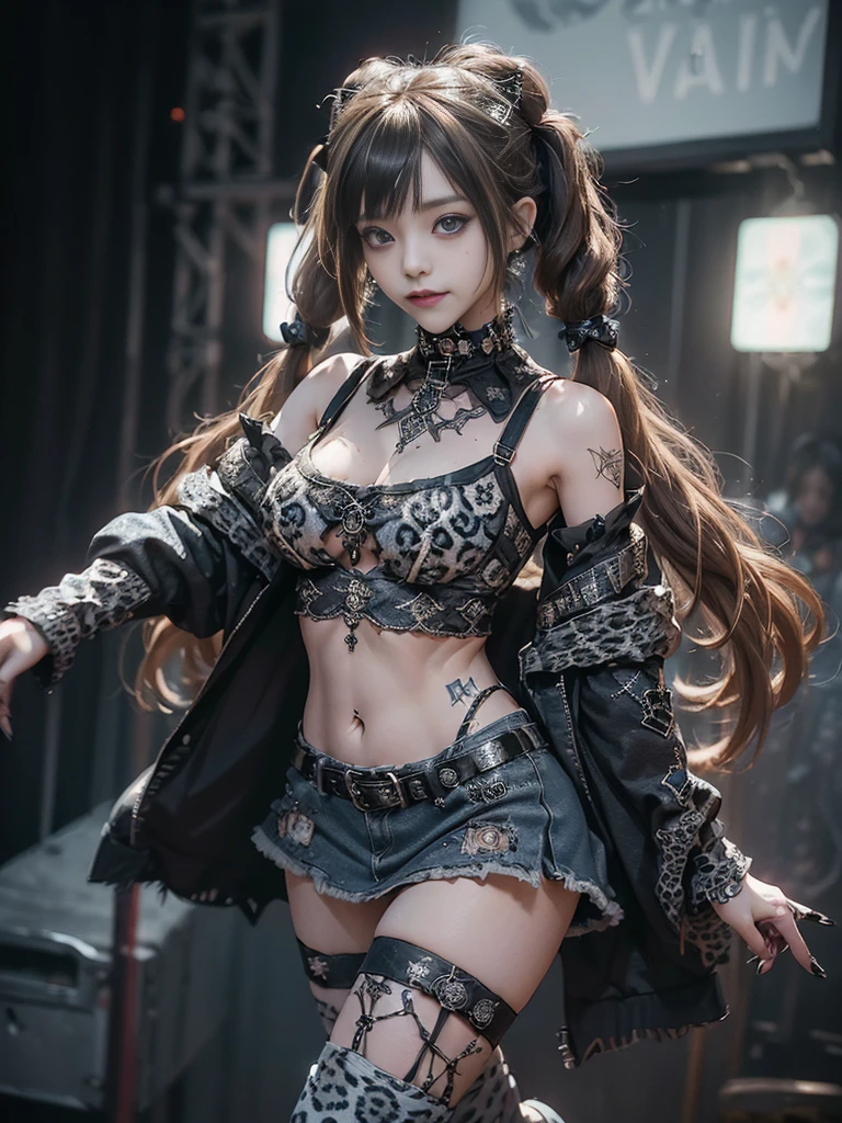 (Smiling with teeth showing:1.3),(Hollywood actress:1.5)、(Gothic ta style fashion:1.5)、(Punk RockVisual Kei:1.5)、(Wearing a sweater with intricate decoration:1.4)、(A mini skirt with delicate white, denim and charcoal embellishments.:1.5)、(Denim, light blue and leopard print boots:1.3)、((belt))、(Numerous intricate patterns all over the costume:1.4)、(collar:1.3)、(Leopard print underwear:1.5)、20-year-old、NSFW、((Highest quality、In 8K、masterpiece:1.3))、Sharp focus:1.2、(Layered Cut、Huge boobs:1.1),Beautiful woman with perfect figure:1.4、(Dancing vigorously:1.3)、Slender Abs:1.2、Highly detailed face and skin texture、Detailed eyes、double eyelid,(Twin tails:1.3)、(Brown-golden hair:1.3)、Gravure idol、(The background is the stage of the fashion show:1.3)、(Slim body:1.3),(Make your legs thinner:1.4),(clavicle:1.1)