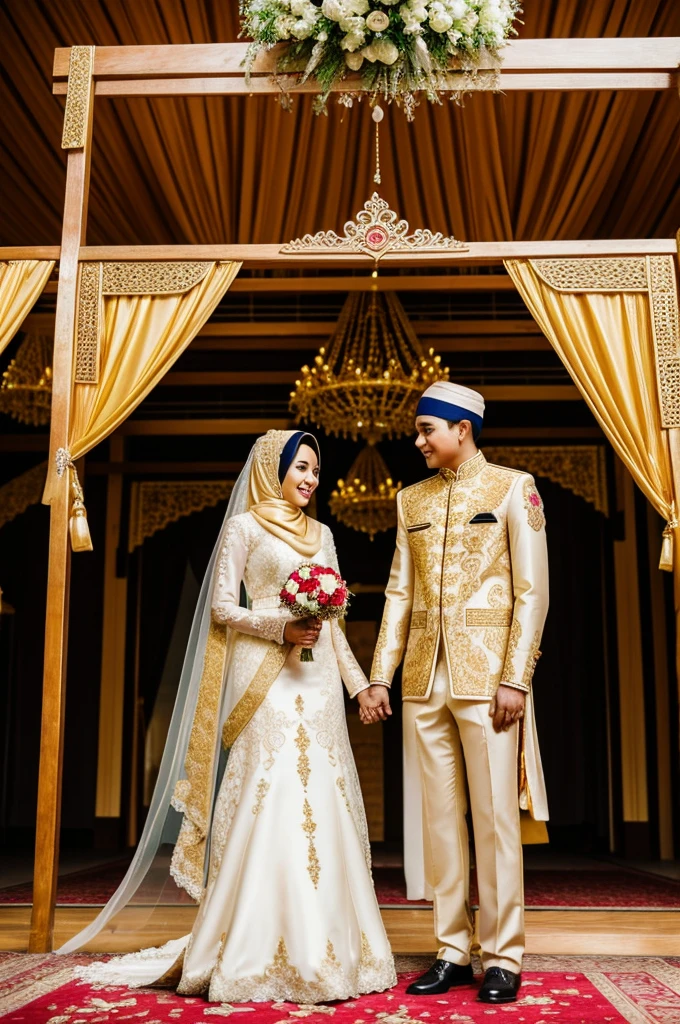 Indonesian wedding photos. bride and groom with gold colored wedding decorations. The bride and groom wear the bride's jacket and skullcap. wearing a hijab and mas dress. Behind it, there are wedding chairs and decorations that say Hizzul and Yuni.