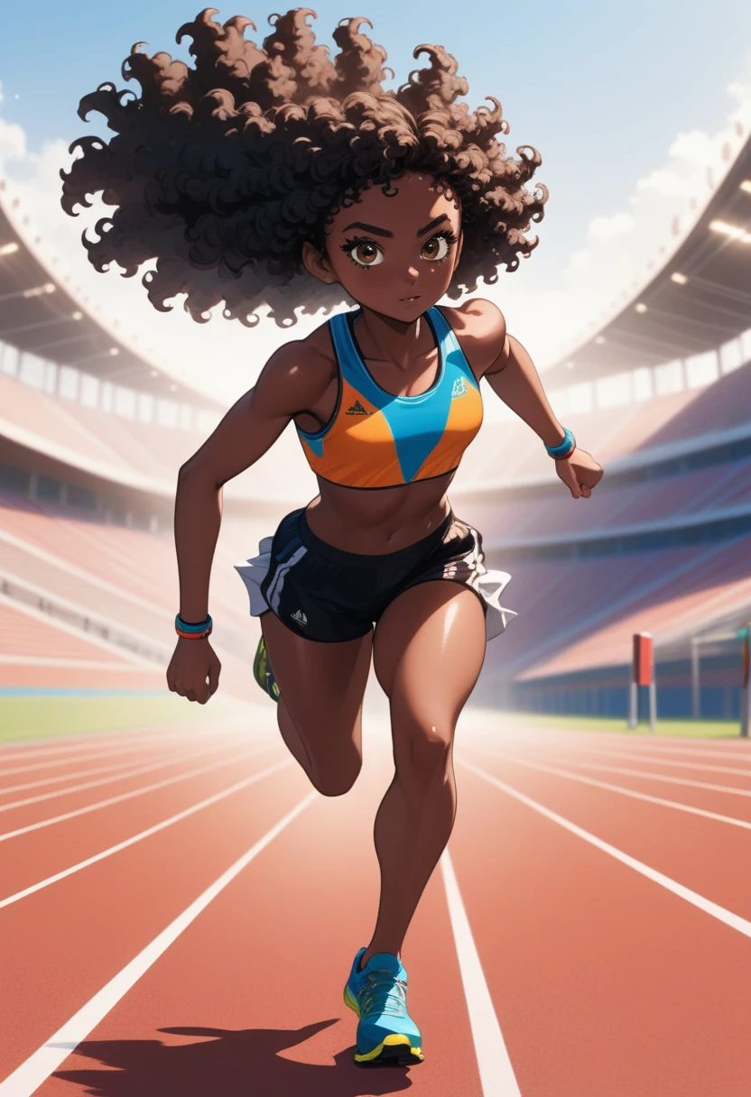 (Masterpiece, Best Quality, extremely detailed, vivid colors:1.3), Female athlete dressed in sports top and shorts in running position preparing to run, 1chica, Alone, black skin, Curly hair, black fur, Slim and toned body, anime screencap, cowboy shot, the background is an athletics track