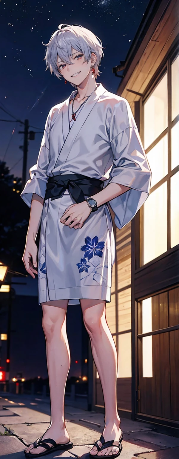 High resolution, High resolution,2D Anime Style,,Cool guy,Mature,,20th generation,short hair,Silver Hair,Red eyes,Beautiful Watches,Beautiful earrings,Beautiful Necklace,Cool Yukata,He is laughing a little,night,Standing with your legs apart,festival