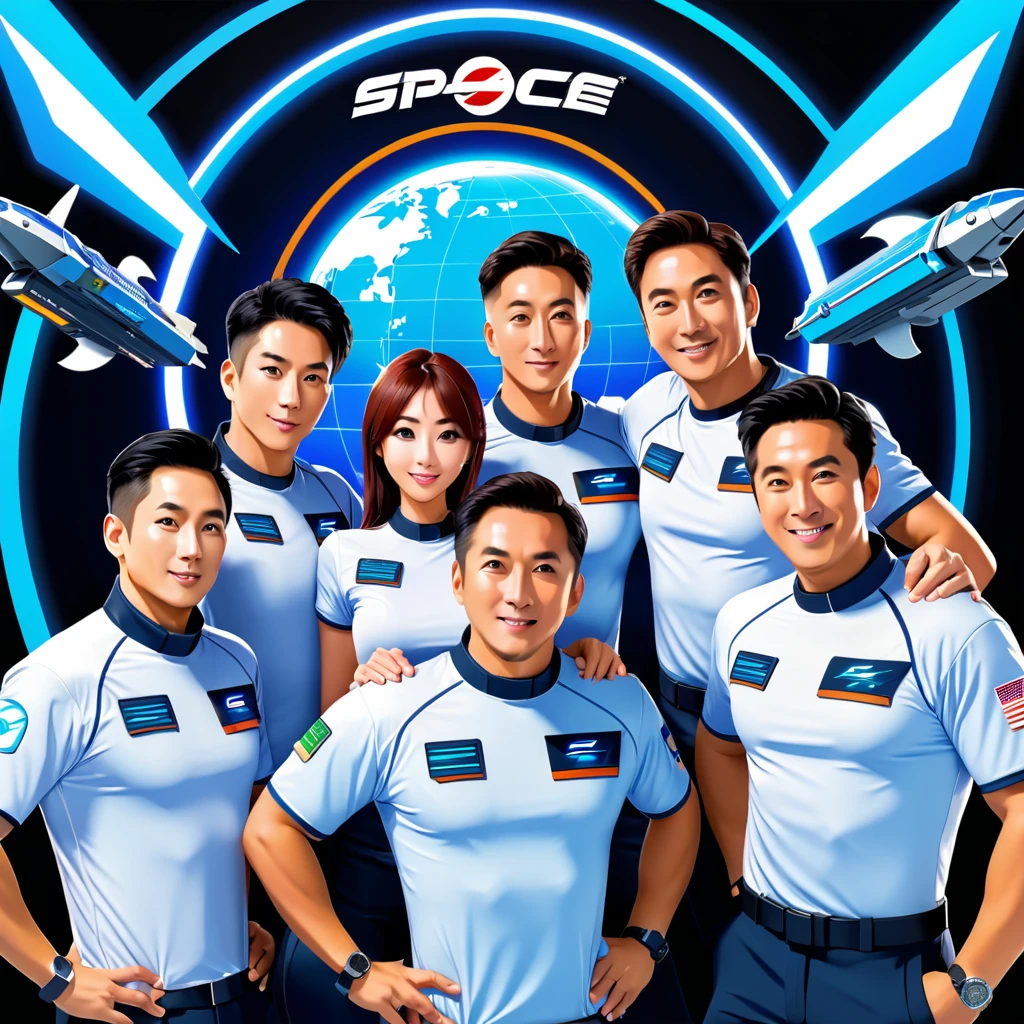 trader , forex , Space Station Zero, sci-fi, futuristic, group shot, space fish team, action pose, t-shirt design, anime style, cartoon, logo, vector graphic, simple and smooth, no background, circle outline
