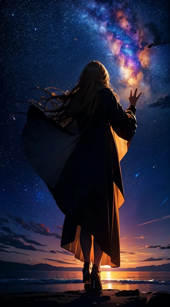 1people々,Blonde long-haired woman,Long coat, Dress Silhouette, Rear View,Raise your hand to grab something,milky way,Space Sky, The boundary between sea and space,