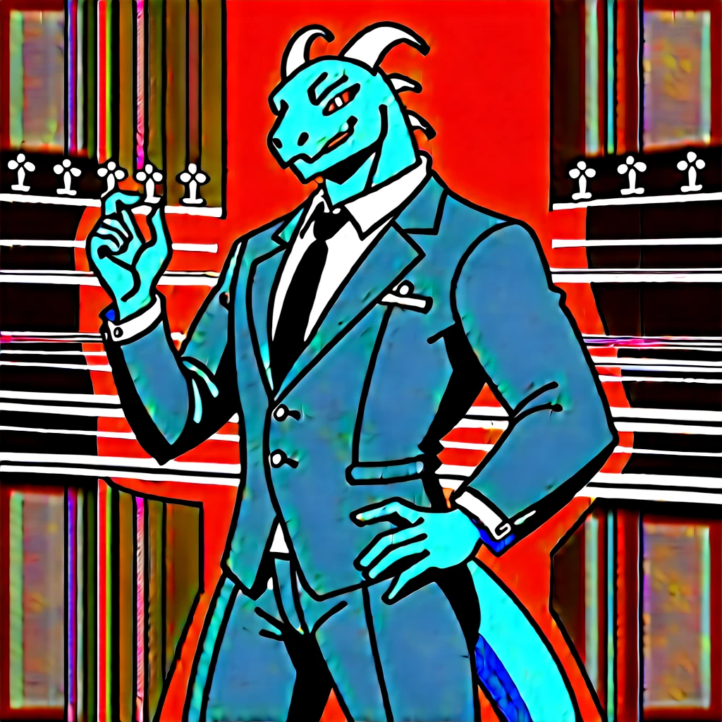 （Young Lizardman、Bar Master、Standing behind the counter、Special Cocktails、It is shining now）Blue body、Tuxedo suit、Friendly smile、Toned body、Two white horns、Sparkling blue eyes、Dark Tavern、Inside the store、cool、front