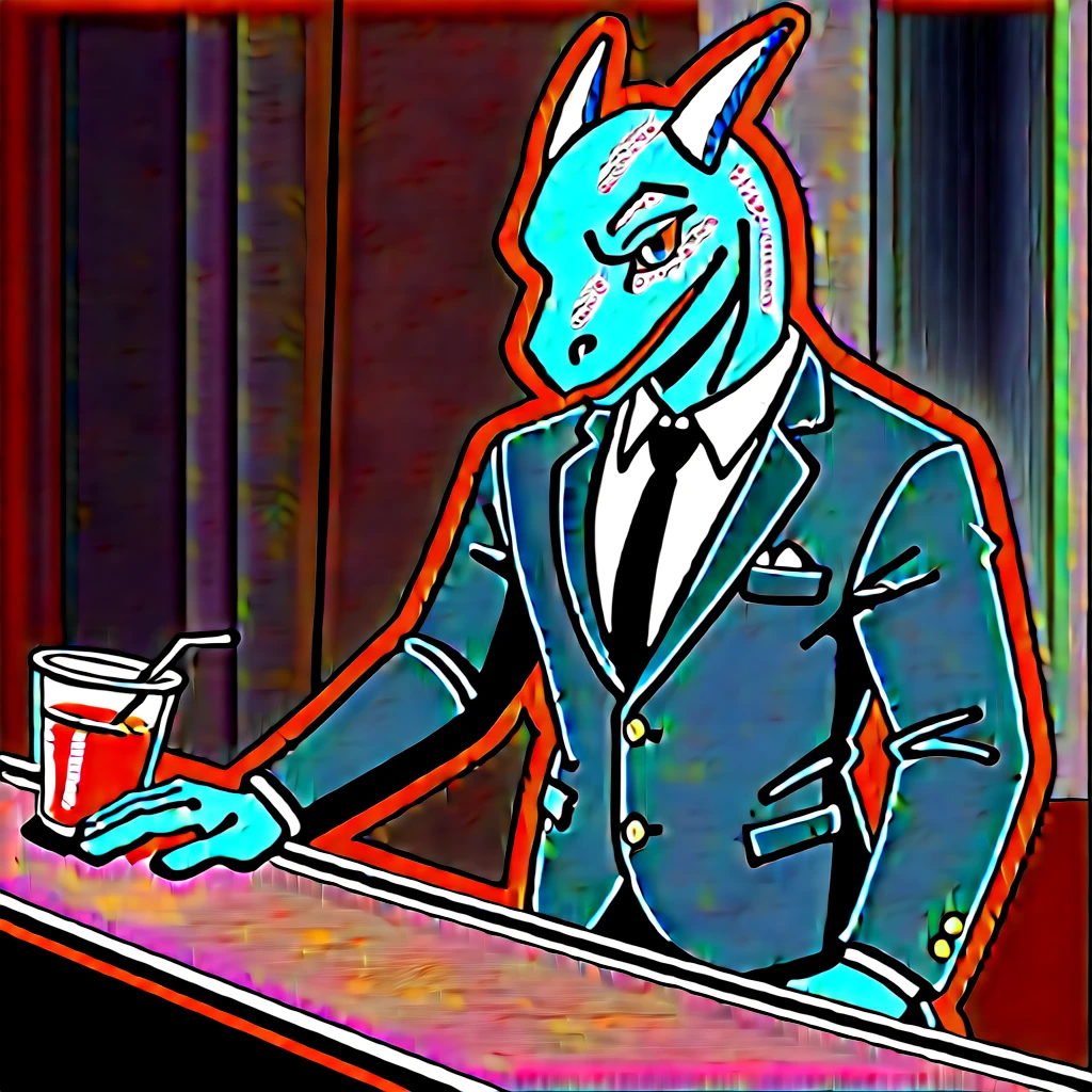 （Young Lizardman、Bar Master、Standing behind the counter、Special Cocktails、It is shining now）Blue body、Tuxedo suit、Friendly smile、Toned body、Two white horns、Sparkling blue eyes、Dark Tavern、Inside the store、cool、front