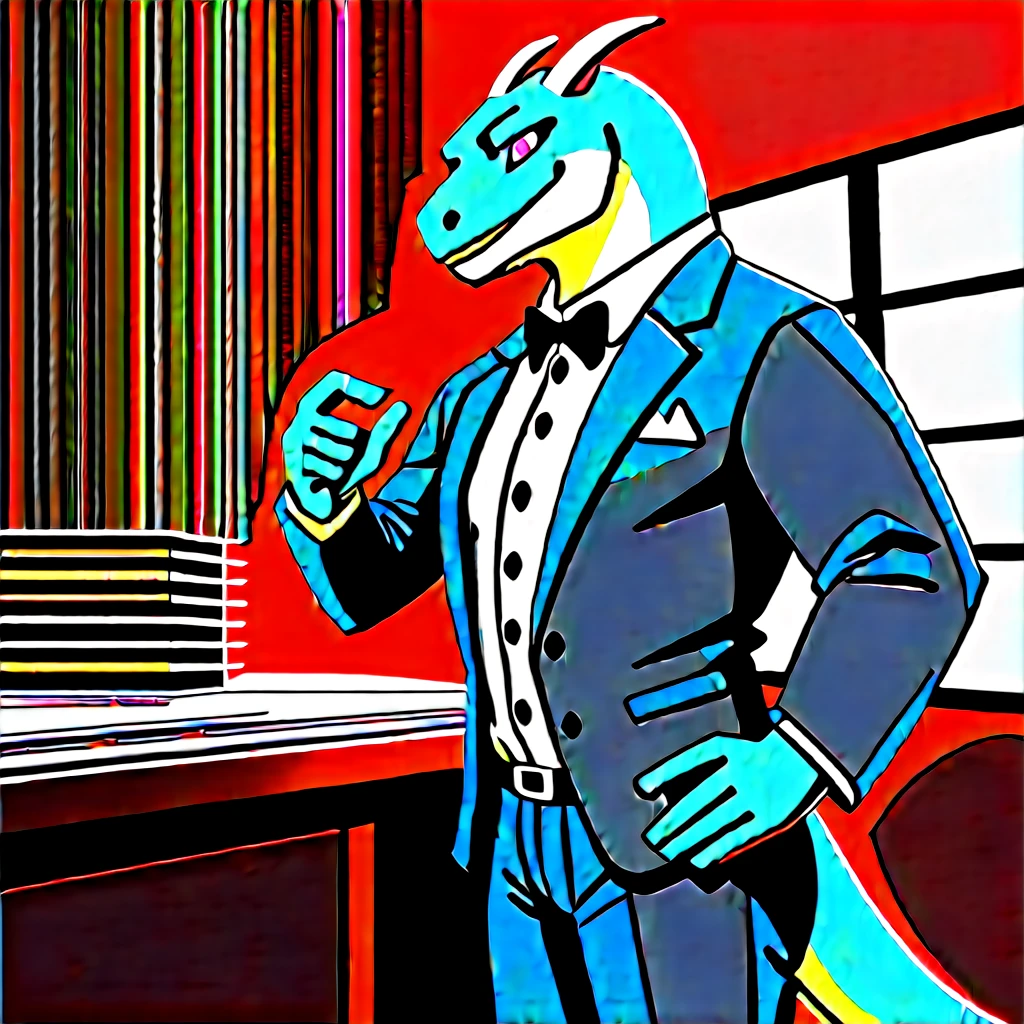 （Young Lizardman、Bar Master、Standing behind the counter、Special Cocktails、It is shining now）Blue body、Tuxedo suit、Friendly smile、Toned body、Two white horns、Sparkling blue eyes、Dark Tavern、Inside the store、cool、front