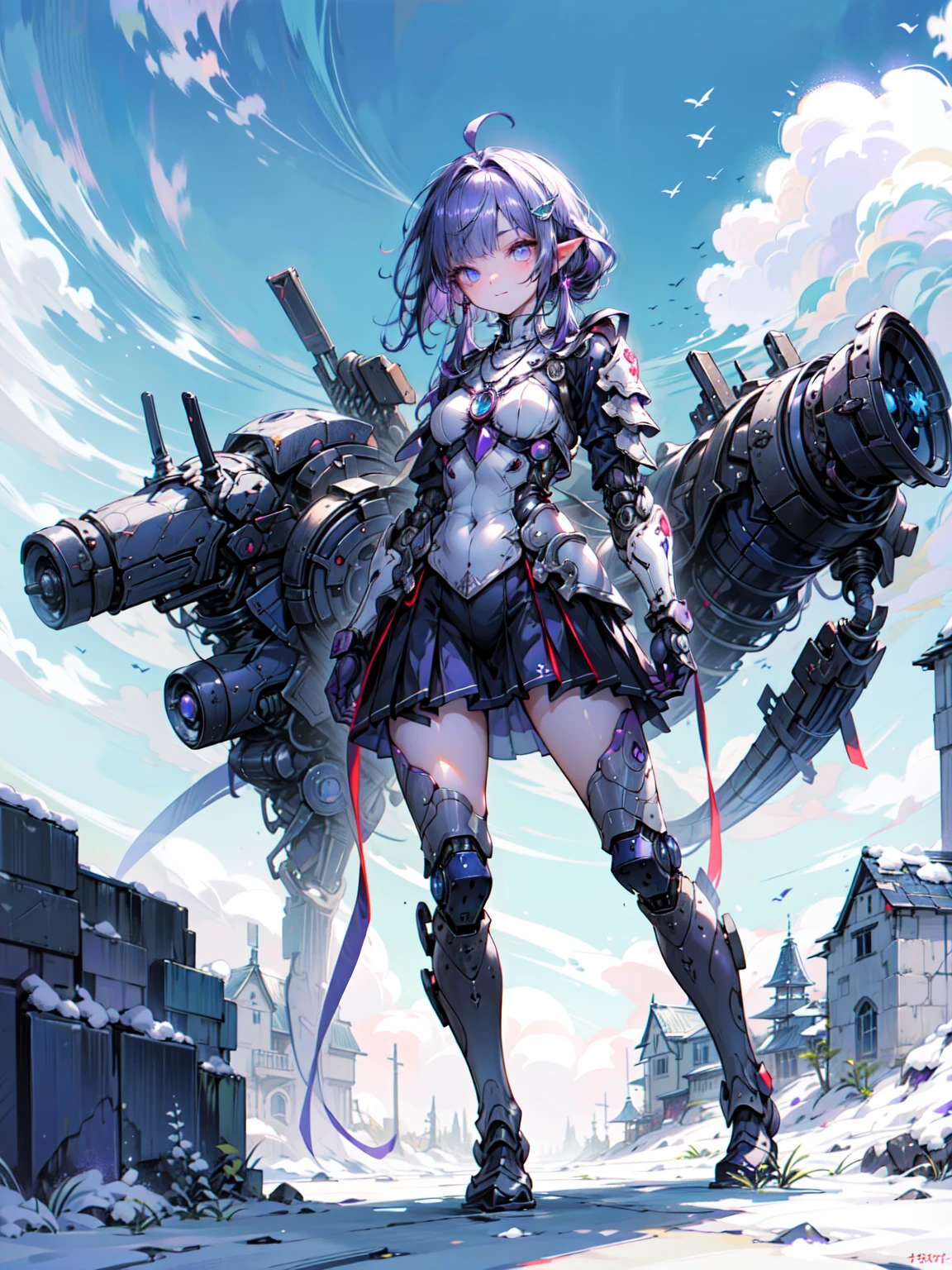 Cute adult girl standing ,Girl Focus, [full body 鎧], Organic Armor Cyborg、Machine Armor、((blue sky、Background in the clouds)),  poker face, still、(One Girl:1.3), bangs,necklace , （Snow White&#39;s Armor), Very detailedな, Crystal purple eyes,thin, Technology of Wonders, Long Hair, Animetic, alone, Silk White Hair, high quality, Mastette Piece,Very detailed,[Wide Hips] , beautiful girl, [detailed aspects], See details of actual operation, Very detailed目,Expressionless emotions, Beautiful Eyes、Blake、Armor Texture、（Dark Elf), (1 Girl), alone, Perfect Face, Get used to it, Ahoge, ((Long Hair:1.2)), [[Messy Hair]], 光沢のあるPurple Hair, Purple eyes, Variegated eyes, Purple Hair, Shining Eyes, (eyelash, eye shadow, purple eye shadow), bright, smile, Design Art：haruhiko mikimoto, by Kawashi, By Yoshitaka Amano