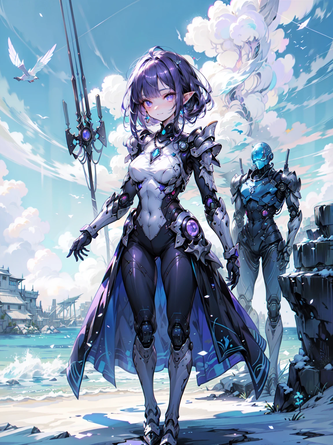 Cute adult girl standing ,Girl Focus, [full body 鎧], Organic Armor Cyborg、Machine Armor、((blue sky、Background in the clouds)),  poker face, still、(One Girl:1.3), bangs,necklace , （Snow White&#39;s Armor), Very detailedな, Crystal purple eyes,thin, Technology of Wonders, Long Hair, Animetic, alone, Silk White Hair, high quality, Mastette Piece,Very detailed,[Wide Hips] , beautiful girl, [detailed aspects], See details of actual operation, Very detailed目,Expressionless emotions, Beautiful Eyes、Blake、Armor Texture、（Dark Elf), (1 Girl), alone, Perfect Face, Get used to it, Ahoge, ((Long Hair:1.2)), [[Messy Hair]], 光沢のあるPurple Hair, Purple eyes, Variegated eyes, Purple Hair, Shining Eyes, (eyelash, eye shadow, purple eye shadow), bright, smile, Design Art：haruhiko mikimoto, by Kawashi, By Yoshitaka Amano