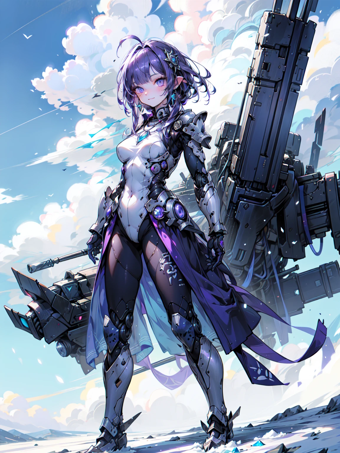 Cute adult girl standing ,Girl Focus, [full body 鎧], Organic Armor Cyborg、Machine Armor、((blue sky、Background in the clouds)),  poker face, still、(One Girl:1.3), bangs,necklace , （Snow White&#39;s Armor), Very detailedな, Crystal purple eyes,thin, Technology of Wonders, Long Hair, Animetic, alone, Silk White Hair, high quality, Mastette Piece,Very detailed,[Wide Hips] , beautiful girl, [detailed aspects], See details of actual operation, Very detailed目,Expressionless emotions, Beautiful Eyes、Blake、Armor Texture、（Dark Elf), (1 Girl), alone, Perfect Face, Get used to it, Ahoge, ((Long Hair:1.2)), [[Messy Hair]], 光沢のあるPurple Hair, Purple eyes, Variegated eyes, Purple Hair, Shining Eyes, (eyelash, eye shadow, purple eye shadow), bright, smile, Design Art：haruhiko mikimoto, by Kawashi, By Yoshitaka Amano