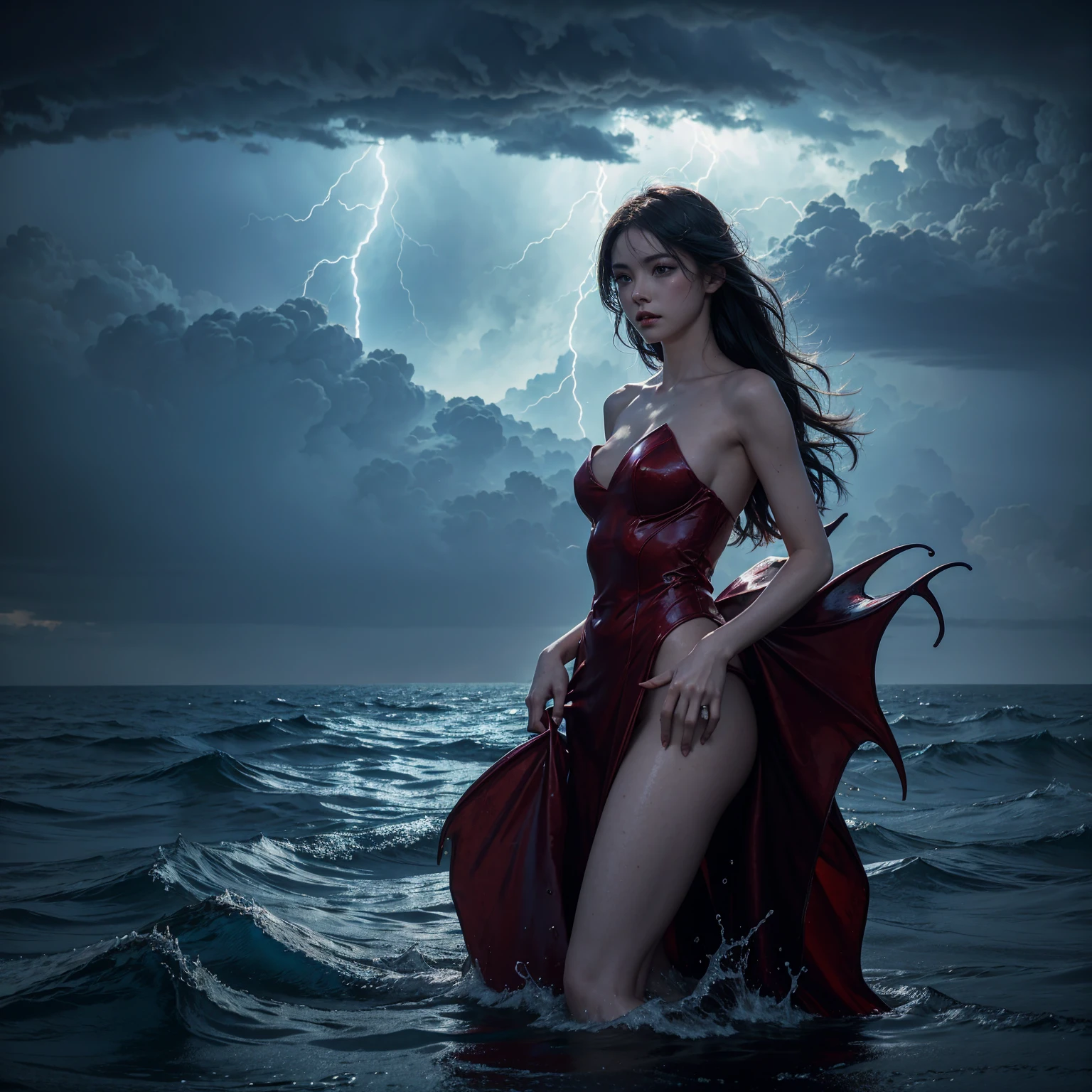 Demonic mermaid girl from the clouds  Beautiful girl in the middle of the sea, there is a rainstorm and lightning in the background. Realistic picture, picture beyond imagination, 4k, cinematic, lighting cinematic, ultra uhd, sexy body