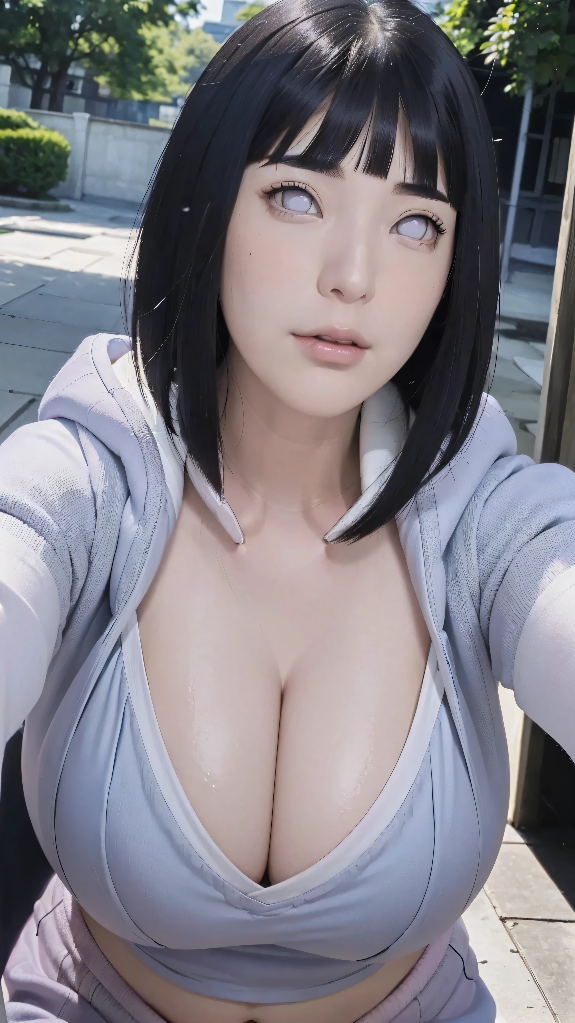 masterpiece, hinata\(boruto\), 1girl, mature women, (((wearing a hoodie))), (((Close-up photo))), (((Selfie))), (((closed clothing))), (((cleavage))), (((big breasts))), (((big round breasts))), (((round breasts))), (((extremely heavy breasts))), (((Colossal tits))), (((heavy breasts))), (((plump breasts))), (((super round breasts))), (((very round breasts))), (((perfect breasts))), (((outdoor))), (shy face), detailed lips, beautiful face, blush, (pink lips), (((long hair))), white eyes, gentle gaze, smile, super realistic, detailed, realistic face and body, realistic hair, realistic eyes, realistic nose, realistic lips, seductive pose, (((straight bangs))), (dark blue hair), 28 year old girl