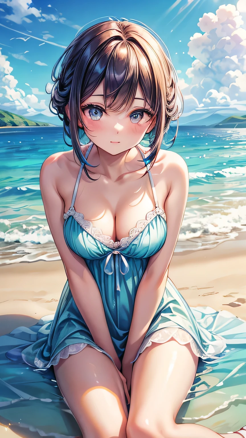 (Best lighting, Best Shadow, masterpiece, high quality), colorful, Vibrant, Summer mood, lots of bright colors, Beautiful woman in light summer clothes, Hair loss, Sit on the clear water and white sand, Bright blue sky. masterpiece, 最high quality, high quality, High resolution, sexly,