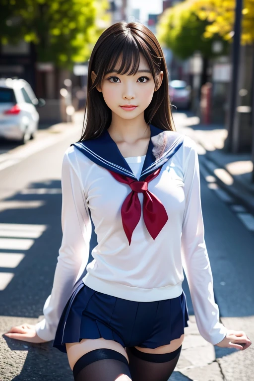 (masterpiece:1.3), (8K, Realistic, RAW Photos, Best image quality: 1.4), Japanese, (One adult girl), cute,cute、 (Lively Faces), Beautiful hairstyle, Realistic eyes, Beautiful eye details, (Realistic Skin), Beautiful skins, Charm, 超High resolution, 超Realistic, Attention to detail, Golden Ratio, (Detail Makeup:1.2), View your viewers,Tabletop, Highest quality, Very detailed, In detail, High resolution, Composition of the whole body、Open leg pose、Boldly open your legs、美しいAttention to detail目, Fitness Wear, Natural color lip,Realistic、Realistic、alone、Realistic、Highest quality、Very detailed顔、Very detailed目と顔、Beautiful and detailed、Absurd、信じられないほどAbsurd、My hair is messy、Floating Hair、Brown Hair、Wavy Hairstyle、Medium Hair、(Extremely detailed CG、8K Picture Wallpaper)、(Very delicate and beautiful)、(masterpiece)、(Highest quality:1.0)、(超High resolution:1.0)、Beautiful lighting、Perfect Lightning、Realistic Shadows、[High resolution]、Detailed skin、Very detailedな、Detailed face and eyes、Realistic eyes、Sharp pupils、Beautiful Face、plein air、Downtown Japan、Amidst the hustle and bustle、Blurred Background、Glowing Skin、Blunt bangs、Red Eye、(Sailor suit 1.2)、Sailor suits have long sleeves、Ultra HD Photos, 8K quality, Outdoor, Systemic composition, Looking into the camera, Japan Perfect Beauty, Texture with visible pores, Perfect Face, Transparent muscle, Transparent muscle, Beautiful and toned body, Muscular, thin, Small breasts, Tight ass and small breasts、Small Ass、 Bloomers (Bloomers  Japan School, Seamless Design, 単色のBloomers, Bloomers are dark blue, Exactly、Bloomers are elastic fabrics、Bloomersの長さはへそから３ｃｍThe following degrees::, )Legs wide open、、Expressionless、(Turn face to the side、)