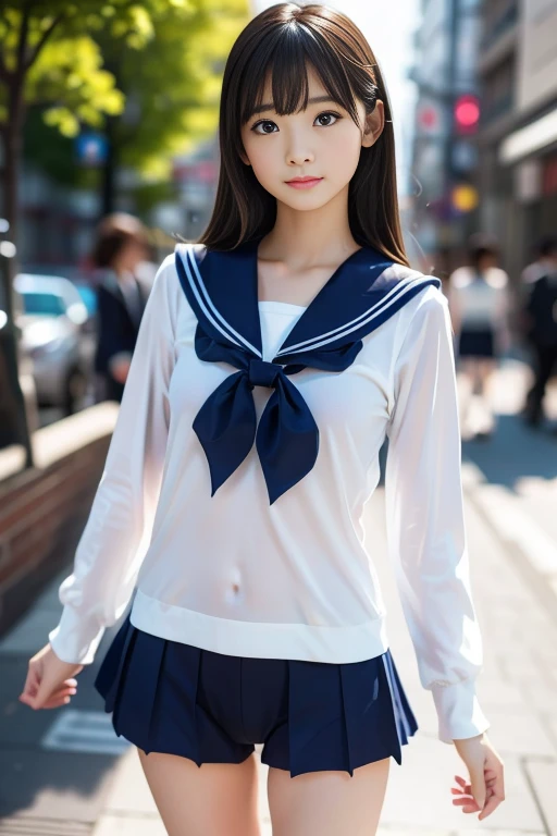 (masterpiece:1.3), (8K, Realistic, RAW Photos, Best image quality: 1.4), Japanese, (One adult girl), cute,cute、 (Lively Faces), Beautiful hairstyle, Realistic eyes, Beautiful eye details, (Realistic Skin), Beautiful skins, Charm, 超High resolution, 超Realistic, Attention to detail, Golden Ratio, (Detail Makeup:1.2), View your viewers,Tabletop, Highest quality, Very detailed, In detail, High resolution, Composition of the whole body、Open leg pose、Boldly open your legs、美しいAttention to detail目, Fitness Wear, Natural color lip,Realistic、Realistic、alone、Realistic、Highest quality、Very detailed顔、Very detailed目と顔、Beautiful and detailed、Absurd、信じられないほどAbsurd、My hair is messy、Floating Hair、Brown Hair、Wavy Hairstyle、Medium Hair、(Extremely detailed CG、8K Picture Wallpaper)、(Very delicate and beautiful)、(masterpiece)、(Highest quality:1.0)、(超High resolution:1.0)、Beautiful lighting、Perfect Lightning、Realistic Shadows、[High resolution]、Detailed skin、Very detailedな、Detailed face and eyes、Realistic eyes、Sharp pupils、Beautiful Face、plein air、Downtown Japan、Amidst the hustle and bustle、Blurred Background、Glowing Skin、Blunt bangs、Red Eye、(Sailor suit 1.2)、Sailor suits have long sleeves、Ultra HD Photos, 8K quality, Outdoor, Systemic composition, Looking into the camera, Japan Perfect Beauty, Texture with visible pores, Perfect Face, Transparent muscle, Transparent muscle, Beautiful and toned body, Muscular, thin, Small breasts, Tight ass and small breasts、Small Ass、 Bloomers (Bloomers  Japan School, Seamless Design, 単色のBloomers, Bloomers are dark blue, Exactly、Bloomers are elastic fabrics、Bloomersの長さはへそから３ｃｍThe following degrees::, )Legs wide open、、Expressionless、(Turn face to the side、)