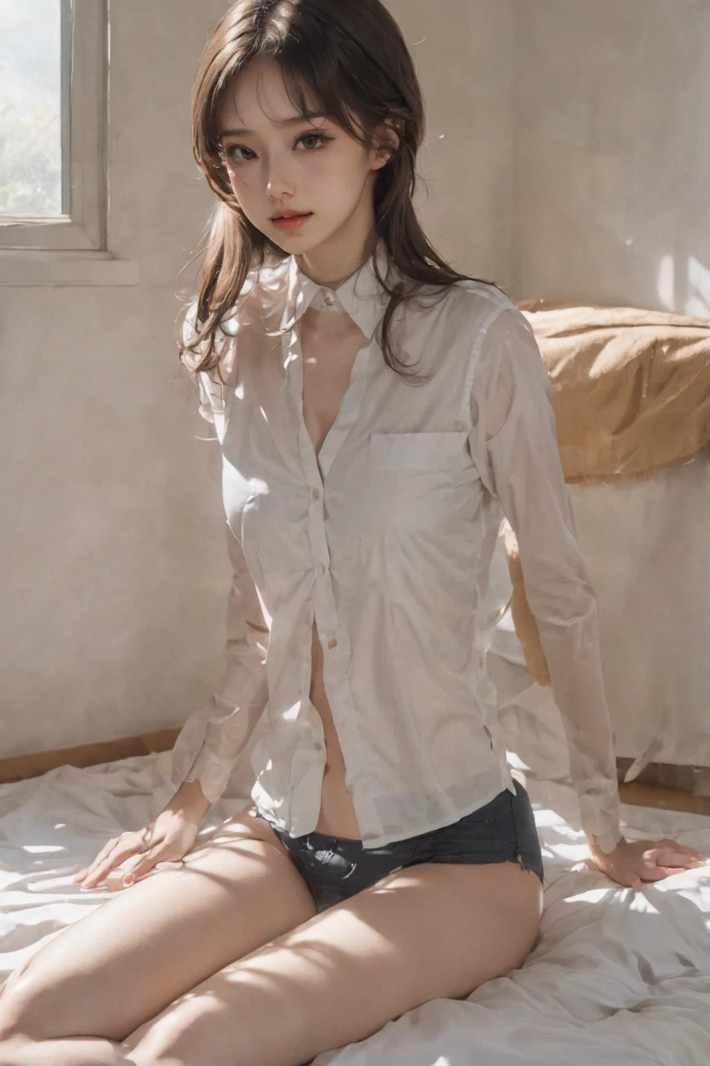 Realistic, 8K, 1girl in,poneyTail,Small breasts,flat breast,Spread legs,Beautiful lighting,From below,Looking at Viewer,Evil smile,Naked knee socks,lie on one’s back,((she is soaking wet)),bed sheet,Swimming race suit or swimming suit,fuge cum in pussy,fuge cum pool,