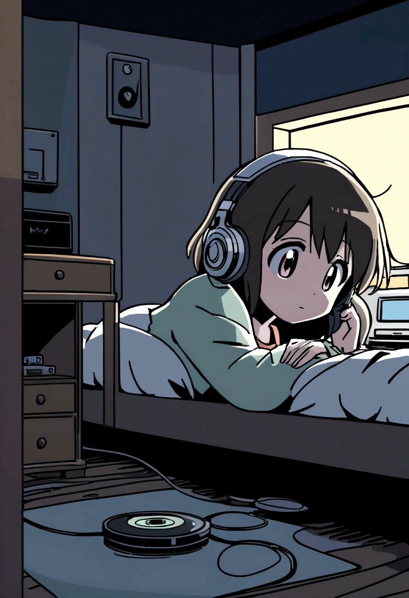 night、Girl listening to music in a cozy room, Use headphones, 2D Style Anime, Lo-Fi, hard disk, Dark Environment