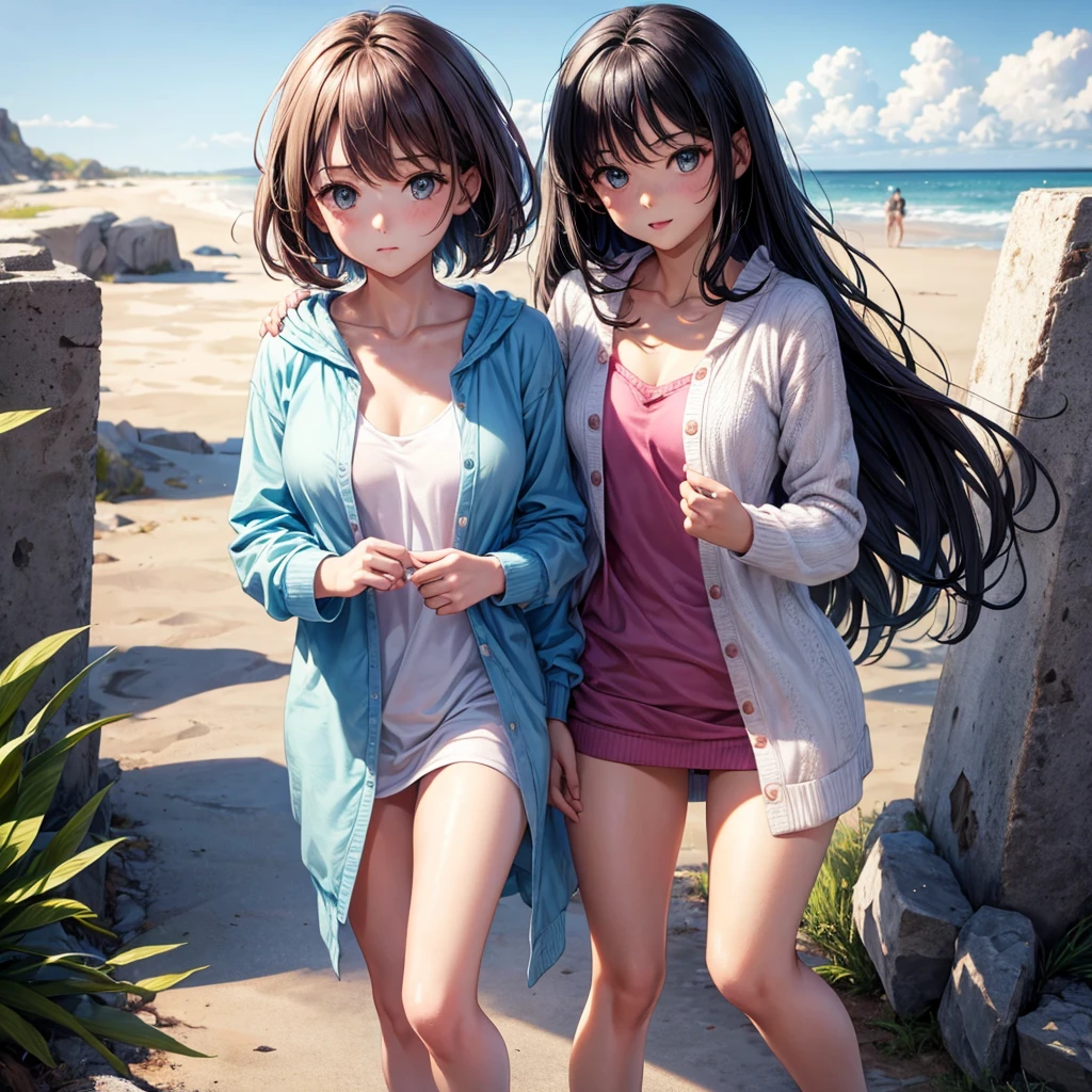 Two agers in wet white clothes partying on the beach