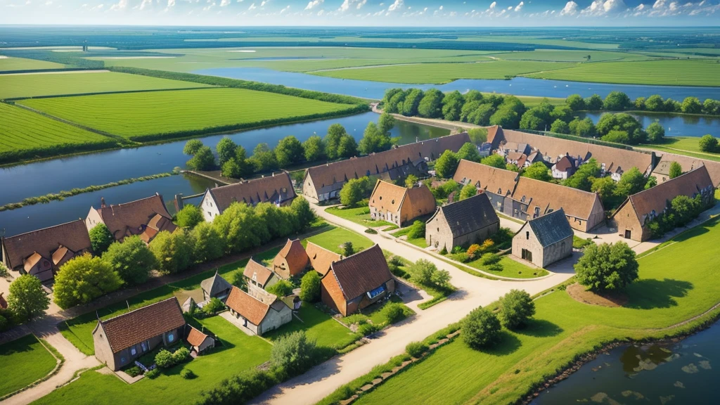 Beautiful scenery of ancient Dutch village. Aerial view, Photorealistic photos. High definition