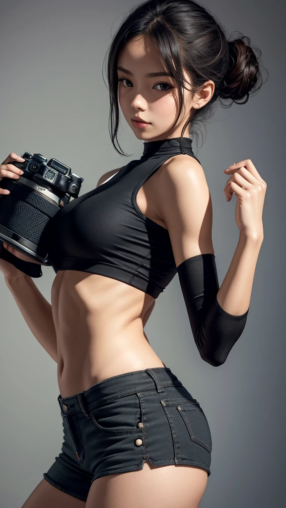 Big in small crop top skin tight with really short shorts and camera looking from a up angle