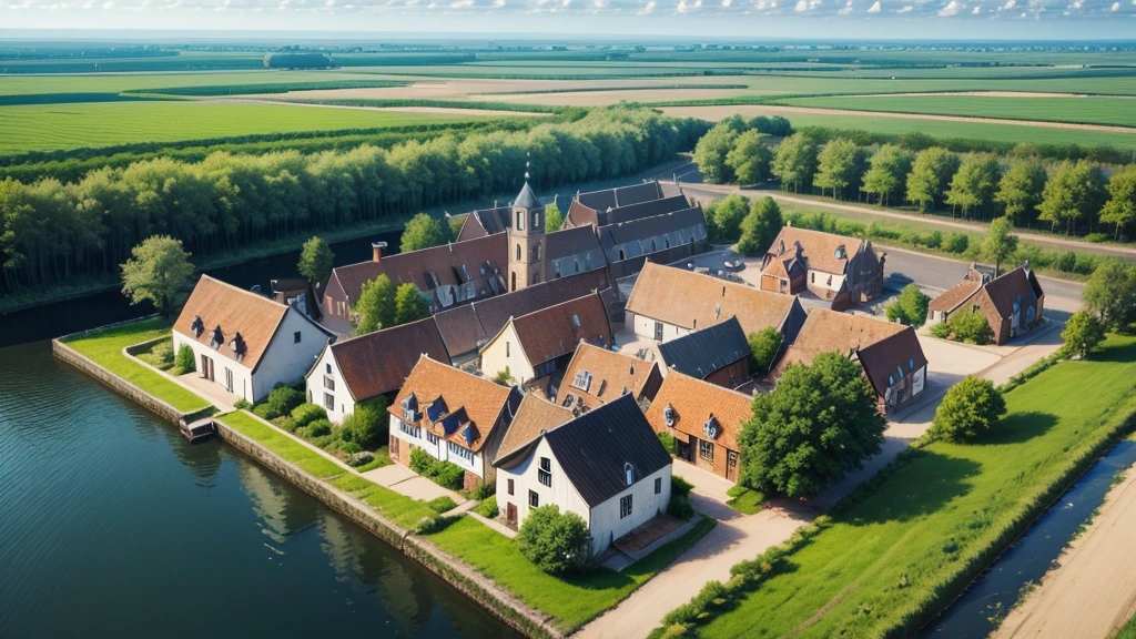 Beautiful scenery of ancient Dutch village. Aerial view, Photorealistic photos. High definition