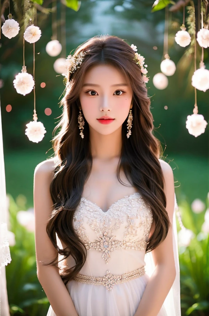 Generate an image of an extraordinarily beautiful 20-year-old Asian woman standing alone, whose beauty rivals that of a goddess of the fire element. She has large brown eyes, dark brown hair, glowing skin, and a captivating appearance. She is wearing a stunning white wedding dress that accentuates her elegance. The woman stands charmingly alone, her beauty appearing as if blessed by nature, in a very romantic and lovely aisle adorned with flowers and soft lighting, exuding a magical and serene atmosphere.