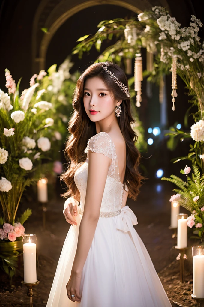 Generate an image of an extraordinarily beautiful 20-year-old Asian woman standing alone, whose beauty rivals that of a goddess of the fire element. She has large brown eyes, dark brown hair, glowing skin, and a captivating appearance. She is wearing a stunning white wedding dress that accentuates her elegance. The woman stands charmingly alone, her beauty appearing as if blessed by nature, in a very romantic and lovely aisle adorned with flowers and soft lighting, exuding a magical and serene atmosphere.