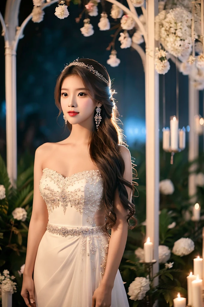 Generate an image of an extraordinarily beautiful 20-year-old Asian woman standing alone, whose beauty rivals that of a goddess of the fire element. She has large brown eyes, dark brown hair, glowing skin, and a captivating appearance. She is wearing a stunning white wedding dress that accentuates her elegance. The woman stands charmingly alone, her beauty appearing as if blessed by nature, in a very romantic and lovely aisle adorned with flowers and soft lighting, exuding a magical and serene atmosphere.