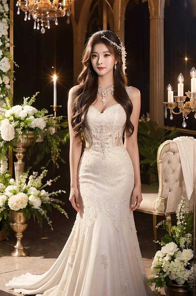 Generate an image of an extraordinarily beautiful 20-year-old Asian woman standing alone, whose beauty rivals that of a goddess of the fire element. She has large brown eyes, dark brown hair, glowing skin, and a captivating appearance. She is wearing a stunning white wedding dress that accentuates her elegance. The woman stands charmingly alone, her beauty appearing as if blessed by nature, in a very romantic and lovely aisle adorned with flowers and soft lighting, exuding a magical and serene atmosphere.